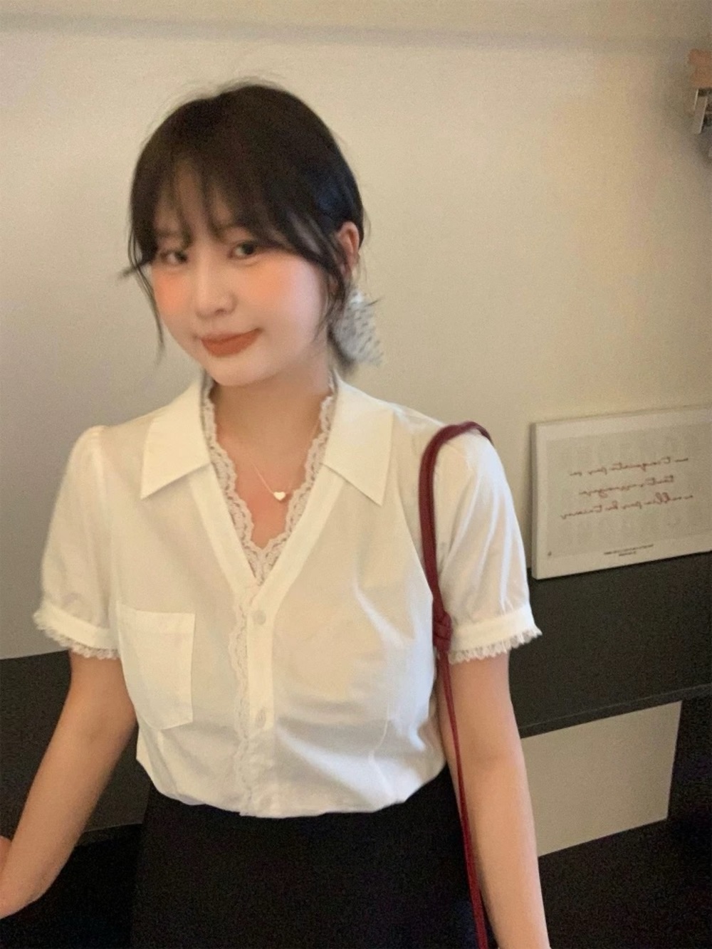 Korean style Lace-Trim Short Sleeve Shirt - White
